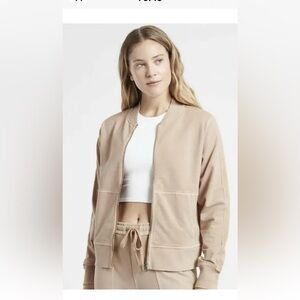 Athleta-3X-tan(mocha latte)-knit bomber jacket. Full, zip, stretch, rib details.
